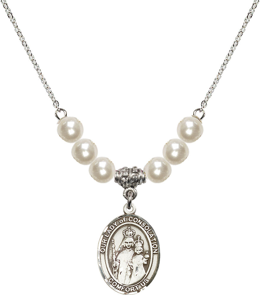 Sterling Silver Our Lady of Consolation Birthstone Necklace with Faux-Pearl Beads - 8292