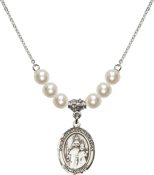 Sterling Silver Our Lady of Consolation Birthstone Necklace with Faux-Pearl Beads - 8292