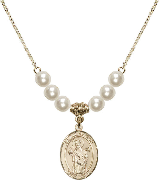 14kt Gold Filled Saint Aedan of Ferns Birthstone Necklace with Faux-Pearl Beads - 8293
