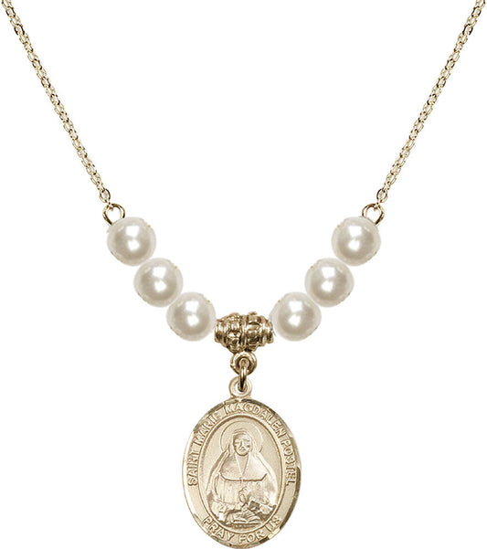 14kt Gold Filled Saint Marie Magdalen Postel Birthstone Necklace with Faux-Pearl Beads - 8294