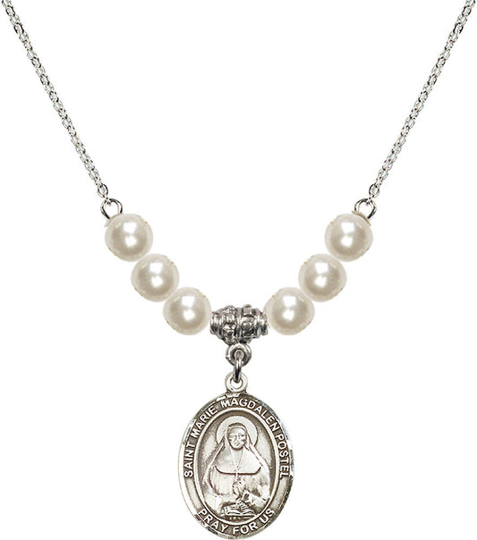 Sterling Silver Saint Marie Magdalen Postel Birthstone Necklace with Faux-Pearl Beads - 8294