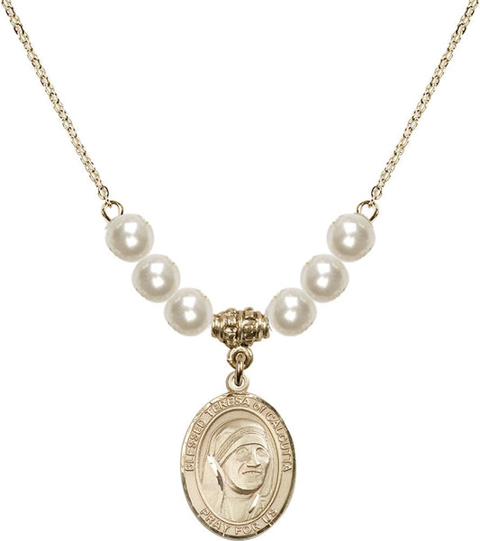 14kt Gold Filled Saint Teresa of Calcutta Birthstone Necklace with Faux-Pearl Beads - 8295