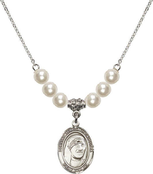 Sterling Silver Saint Teresa of Calcutta Birthstone Necklace with Faux-Pearl Beads - 8295