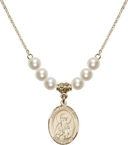 14kt Gold Filled Saint Athanasius Birthstone Necklace with Faux-Pearl Beads - 8296