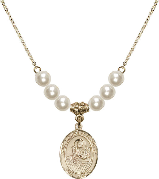 14kt Gold Filled Saint Lidwina of Schiedam Birthstone Necklace with Faux-Pearl Beads - 8297