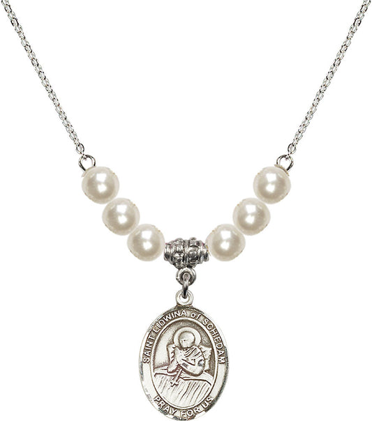 Sterling Silver Saint Lidwina of Schiedam Birthstone Necklace with Faux-Pearl Beads - 8297