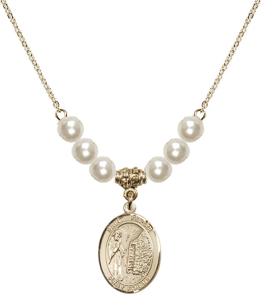 14kt Gold Filled Saint Fiacre Birthstone Necklace with Faux-Pearl Beads - 8298