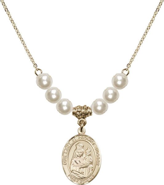 14kt Gold Filled Our Lady of Prompt Succor Birthstone Necklace with Faux-Pearl Beads - 8299