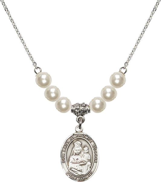 Sterling Silver Our Lady of Prompt Succor Birthstone Necklace with Faux-Pearl Beads - 8299