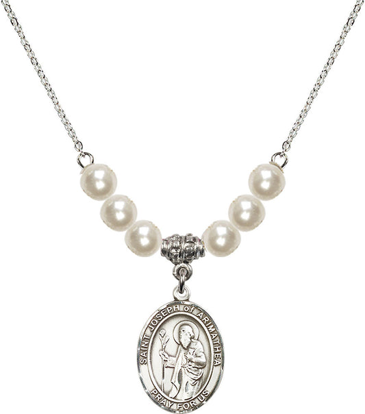 Sterling Silver Saint Joseph of Arimathea Birthstone Necklace with Faux-Pearl Beads - 8300
