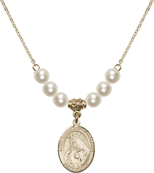 14kt Gold Filled Saint Margaret of Cortona Birthstone Necklace with Faux-Pearl Beads - 8301