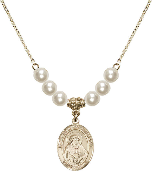 14kt Gold Filled Saint Bede the Venerable Birthstone Necklace with Faux-Pearl Beads - 8302