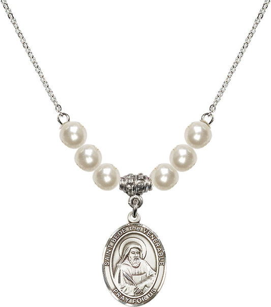 Sterling Silver Saint Bede the Venerable Birthstone Necklace with Faux-Pearl Beads - 8302