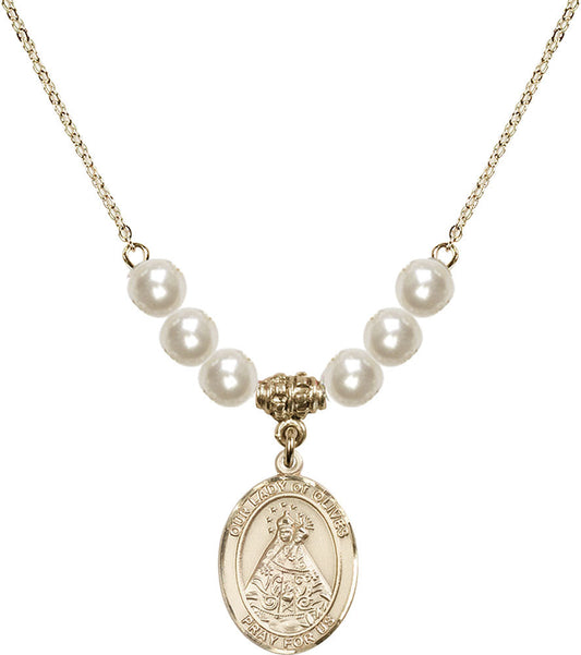 14kt Gold Filled Our Lady of Olives Birthstone Necklace with Faux-Pearl Beads - 8303