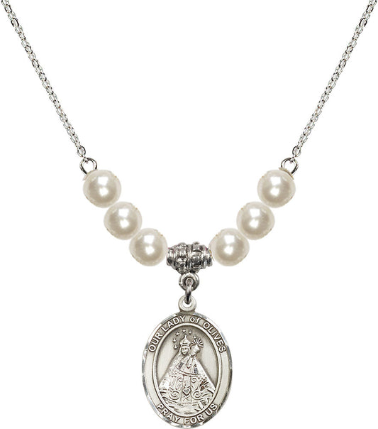 Sterling Silver Our Lady of Olives Birthstone Necklace with Faux-Pearl Beads - 8303