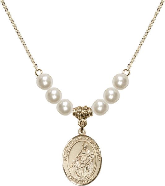 14kt Gold Filled Saint Thomas of Villanova Birthstone Necklace with Faux-Pearl Beads - 8304