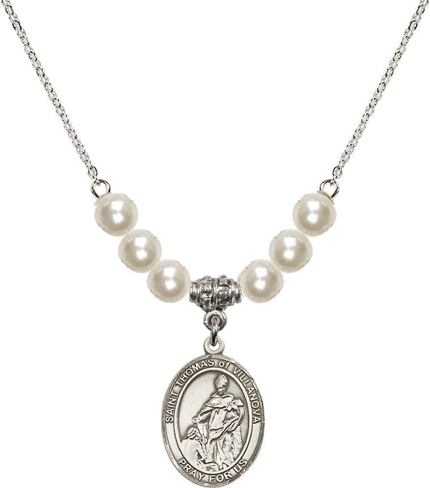 Sterling Silver Saint Thomas of Villanova Birthstone Necklace with Faux-Pearl Beads - 8304