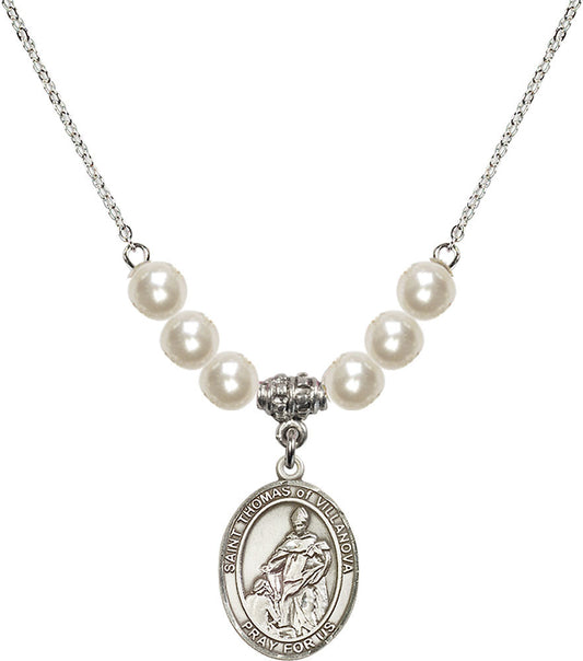 Sterling Silver Saint Thomas of Villanova Birthstone Necklace with Faux-Pearl Beads - 8304