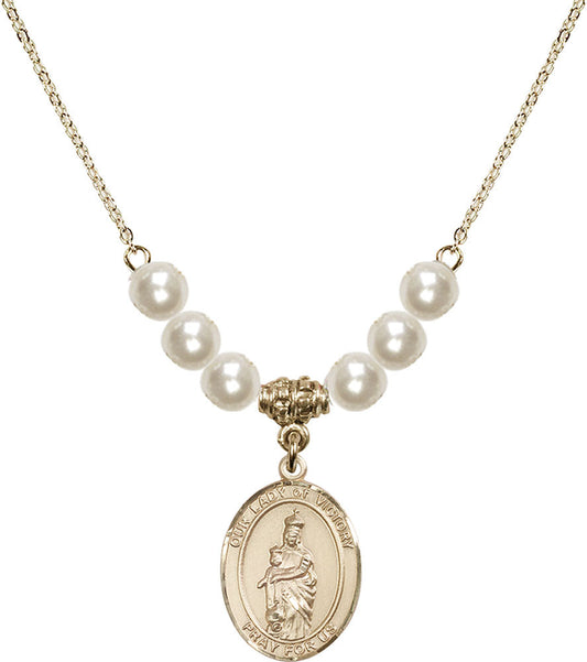 14kt Gold Filled Our Lady of Victory Birthstone Necklace with Faux-Pearl Beads - 8306