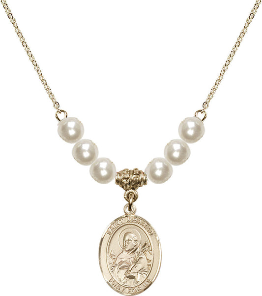 14kt Gold Filled Saint Meinrad of Einsiedeln Birthstone Necklace with Faux-Pearl Beads - 8307