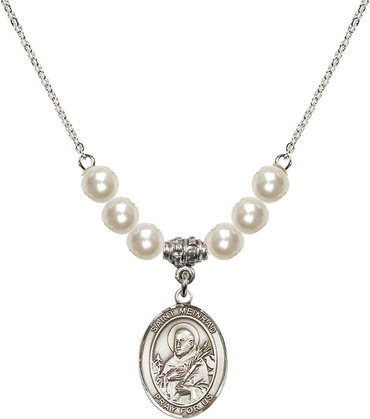 Sterling Silver Saint Meinrad of Einsiedeln Birthstone Necklace with Faux-Pearl Beads - 8307
