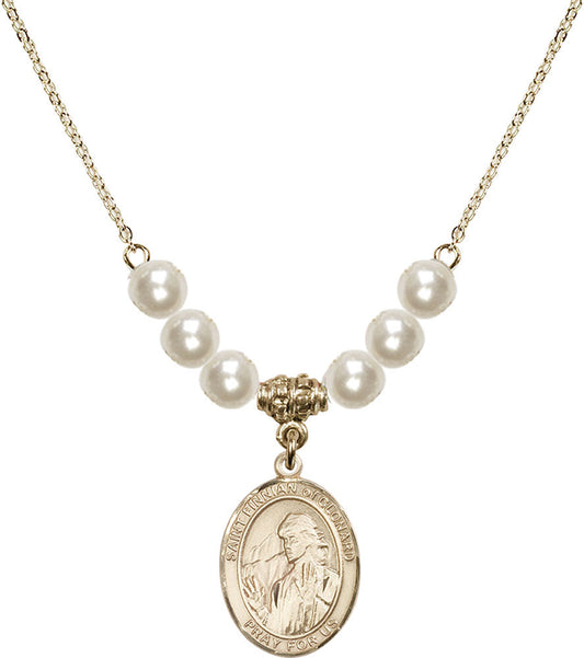 14kt Gold Filled Saint Finnian of Clonard Birthstone Necklace with Faux-Pearl Beads - 8308
