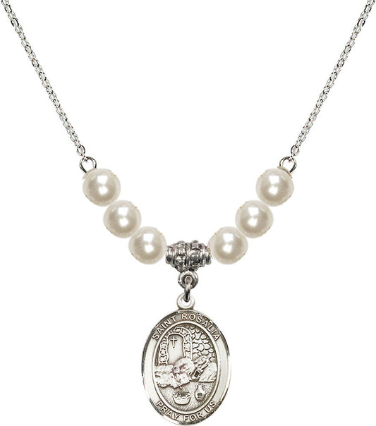 Sterling Silver Saint Rosalia Birthstone Necklace with Faux-Pearl Beads - 8309
