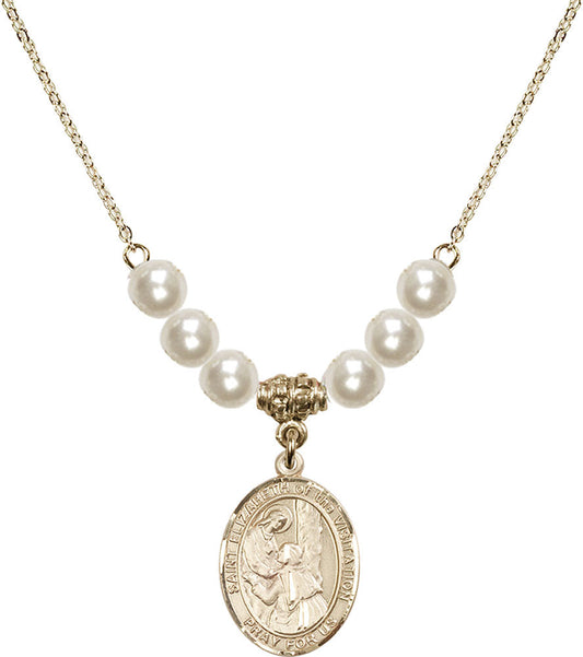 14kt Gold Filled Saint Elizabeth of the Visitation Birthstone Necklace with Faux-Pearl Beads - 8311