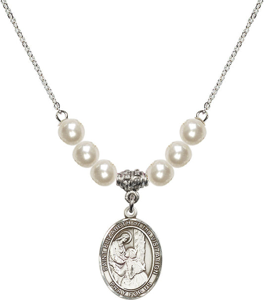 Sterling Silver Saint Elizabeth of the Visitation Birthstone Necklace with Faux-Pearl Beads - 8311