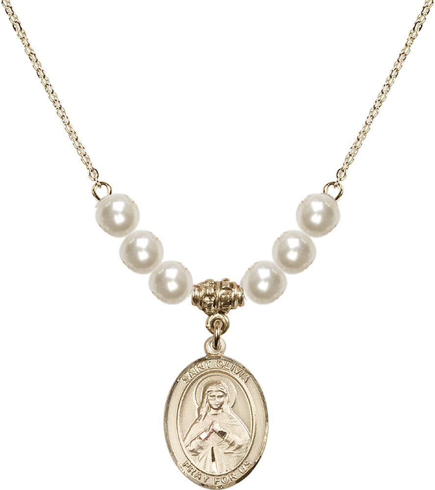 14kt Gold Filled Saint Olivia Birthstone Necklace with Faux-Pearl Beads - 8312