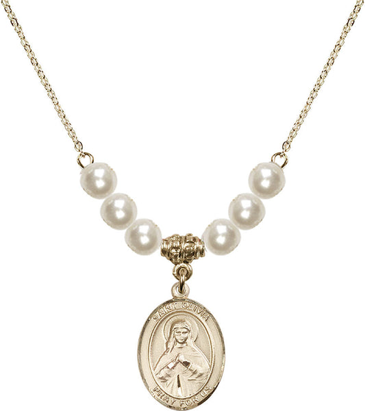 14kt Gold Filled Saint Olivia Birthstone Necklace with Faux-Pearl Beads - 8312