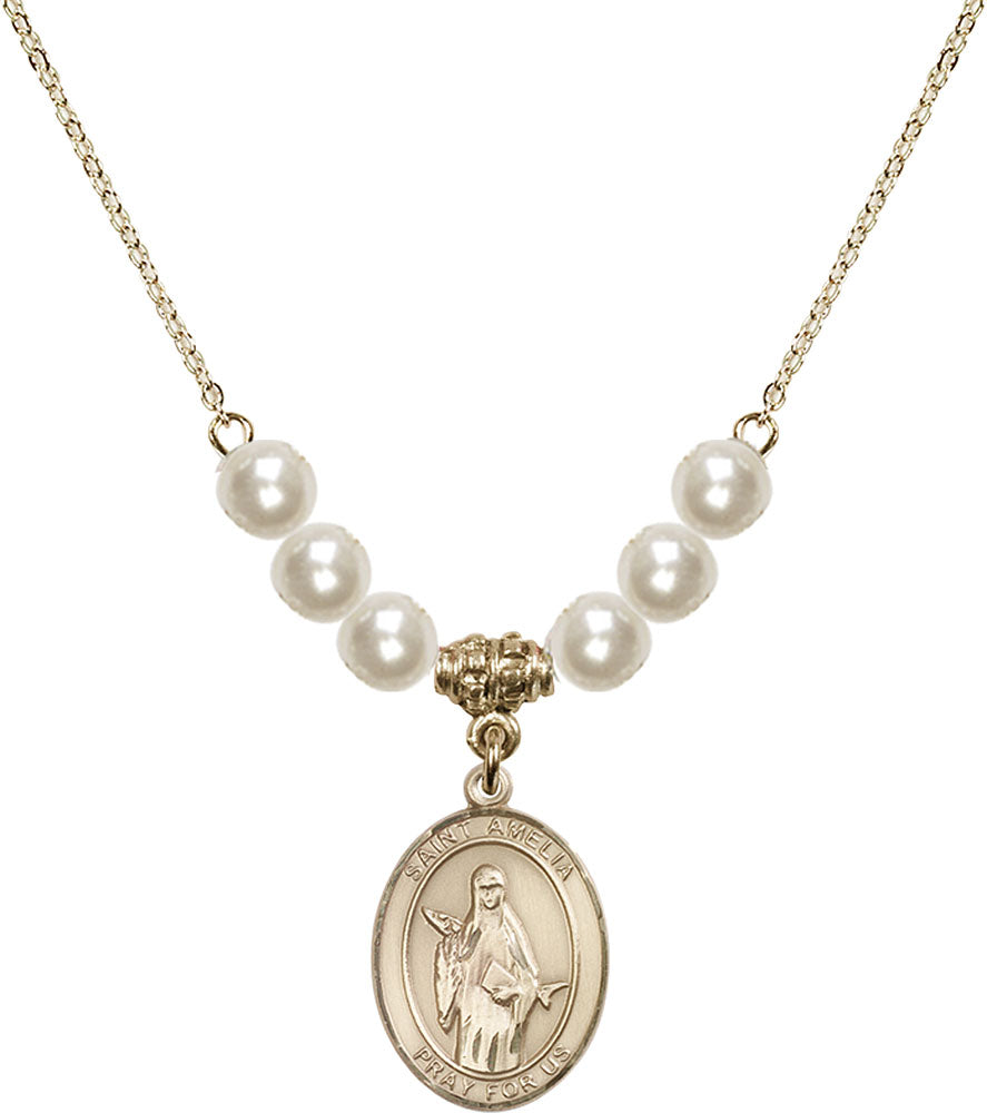 14kt Gold Filled Saint Amelia Birthstone Necklace with Faux-Pearl Beads - 8313