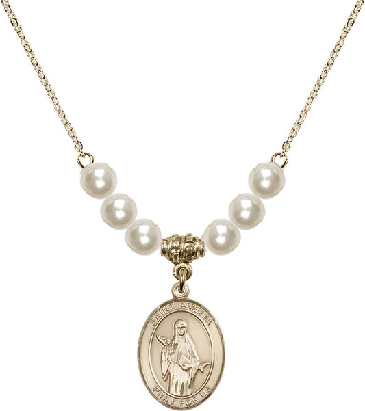 14kt Gold Filled Saint Amelia Birthstone Necklace with Faux-Pearl Beads - 8313