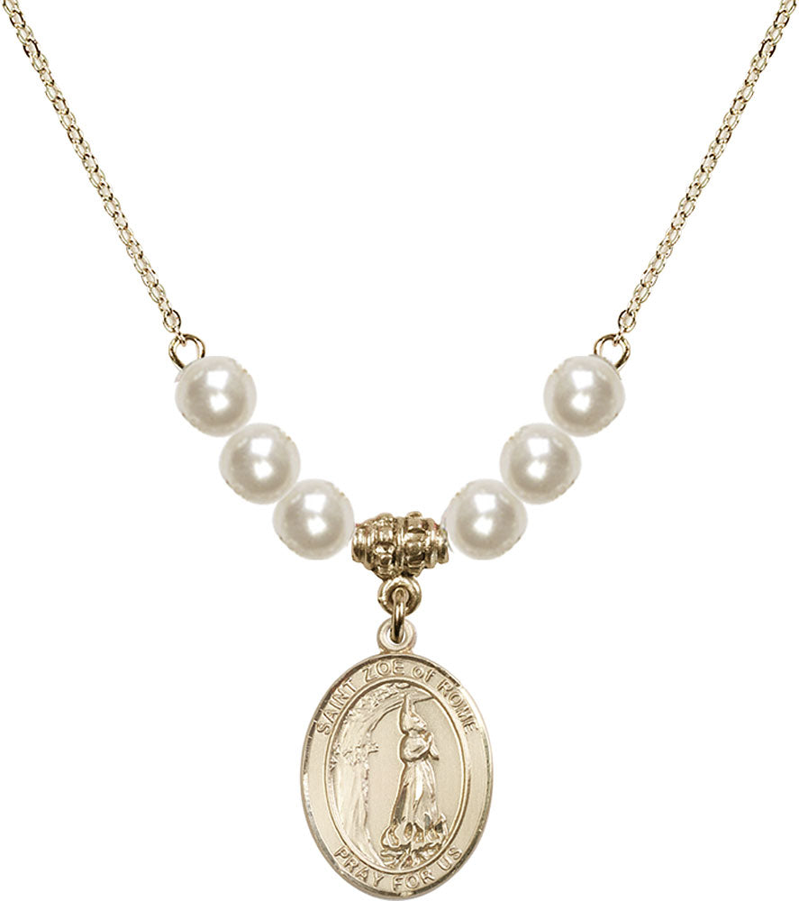14kt Gold Filled Saint Zoe of Rome Birthstone Necklace with Faux-Pearl Beads - 8314