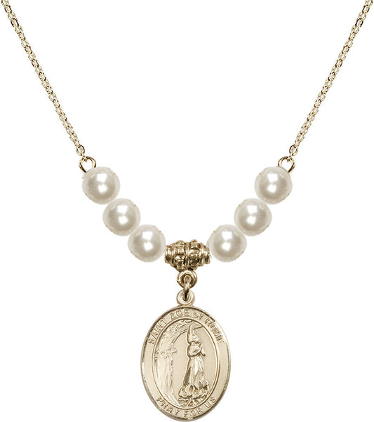 14kt Gold Filled Saint Zoe of Rome Birthstone Necklace with Faux-Pearl Beads - 8314