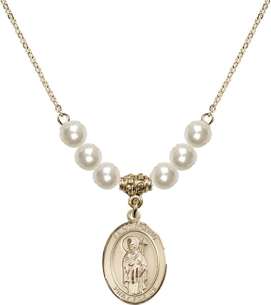 14kt Gold Filled Saint Ronan Birthstone Necklace with Faux-Pearl Beads - 8315