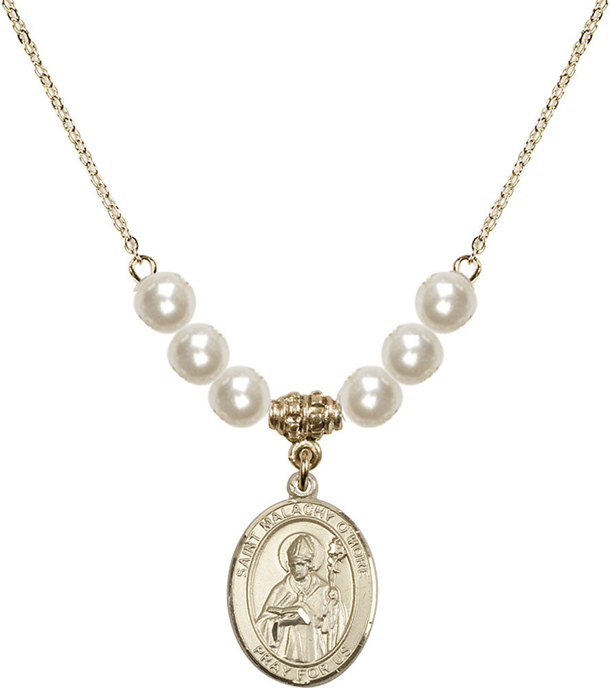 14kt Gold Filled Saint Malachy O'More Birthstone Necklace with Faux-Pearl Beads - 8316