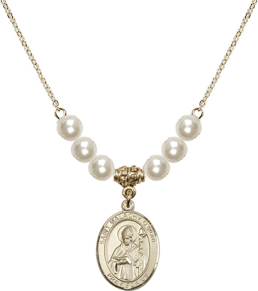 14kt Gold Filled Saint Malachy O'More Birthstone Necklace with Faux-Pearl Beads - 8316