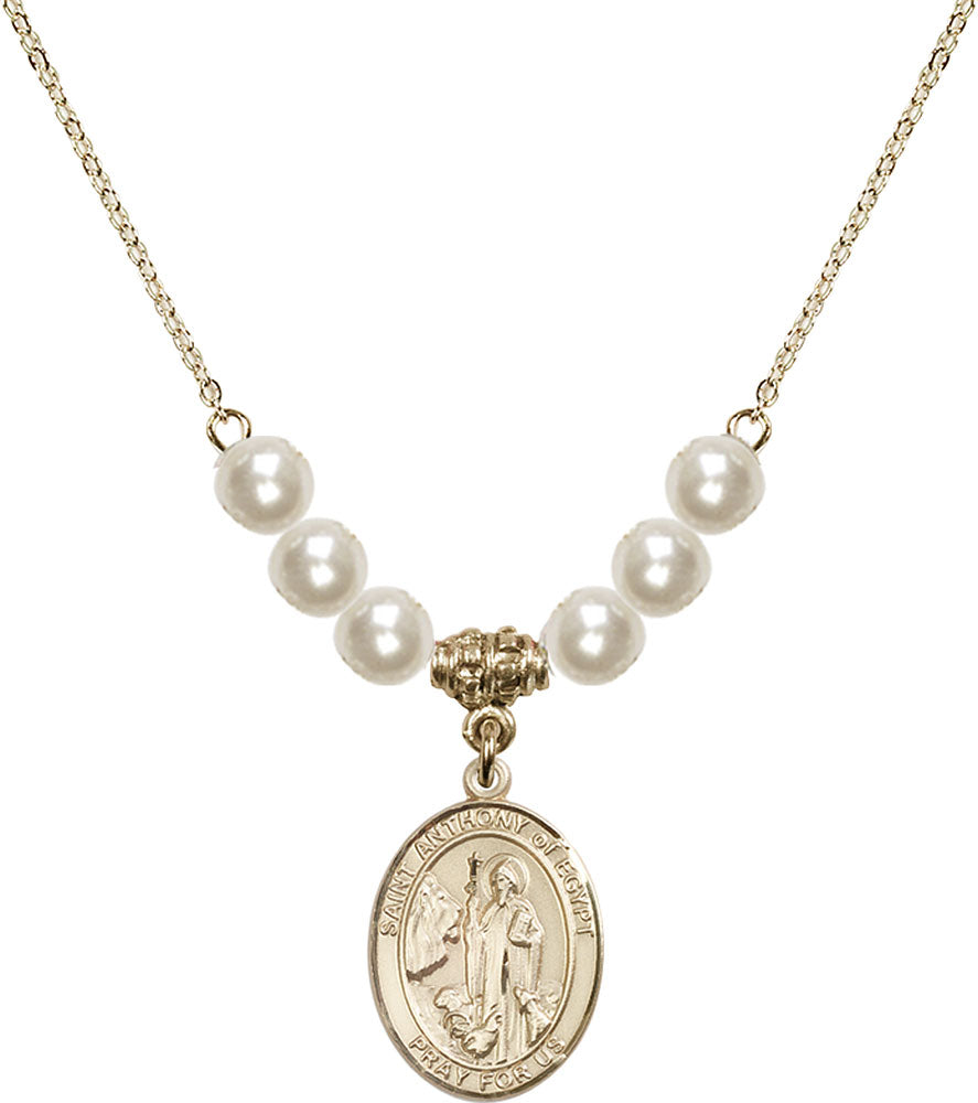 14kt Gold Filled Saint Anthony of Egypt Birthstone Necklace with Faux-Pearl Beads - 8317