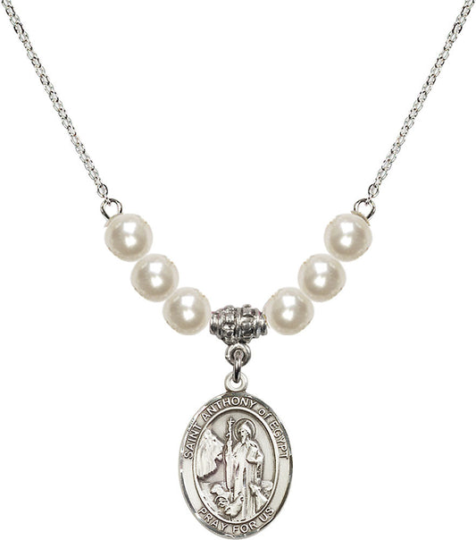 Sterling Silver Saint Anthony of Egypt Birthstone Necklace with Faux-Pearl Beads - 8317