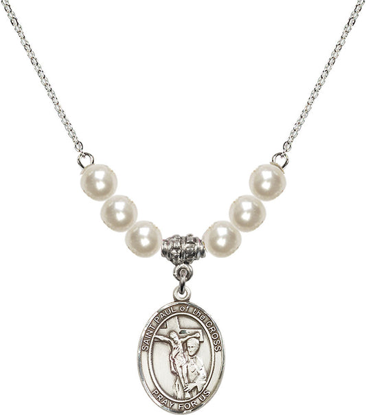 Sterling Silver Saint Paul of the Cross Birthstone Necklace with Faux-Pearl Beads - 8318