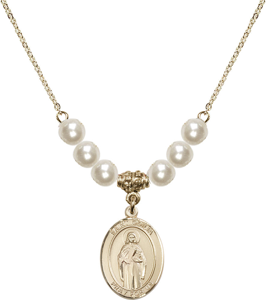 14kt Gold Filled Saint Odilia Birthstone Necklace with Faux-Pearl Beads - 8319