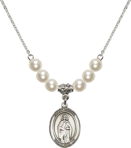 Sterling Silver Saint Odilia Birthstone Necklace with Faux-Pearl Beads - 8319