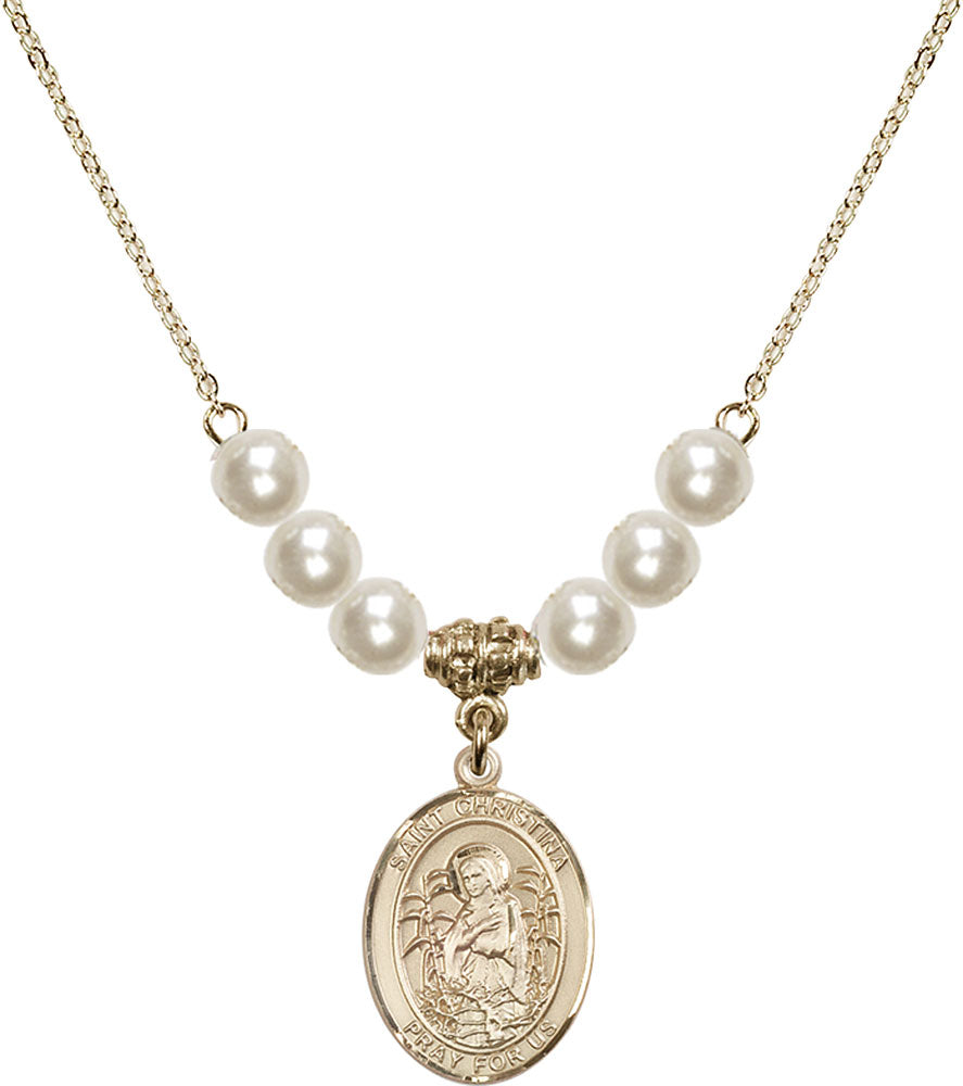 14kt Gold Filled Saint Christina the Astonishing Birthstone Necklace with Faux-Pearl Beads - 8320
