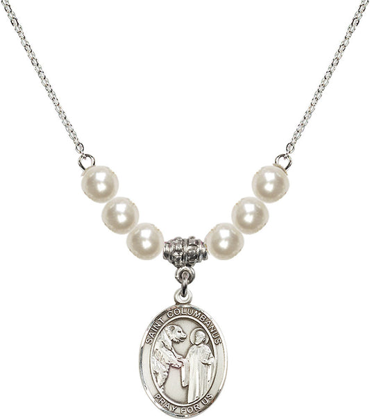 Sterling Silver Saint Columbanus Birthstone Necklace with Faux-Pearl Beads - 8321