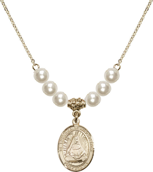 14kt Gold Filled Saint Edburga of Winchester Birthstone Necklace with Faux-Pearl Beads - 8324