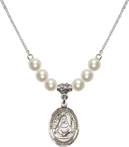 Sterling Silver Saint Edburga of Winchester Birthstone Necklace with Faux-Pearl Beads - 8324