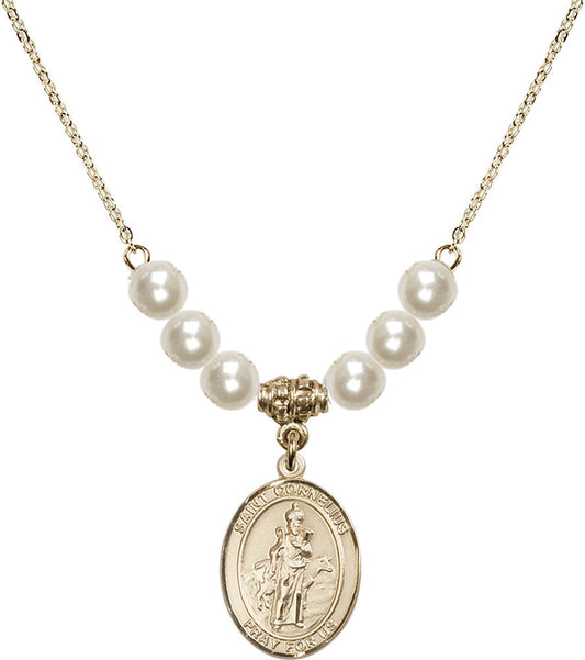14kt Gold Filled Saint Cornelius Birthstone Necklace with Faux-Pearl Beads - 8325