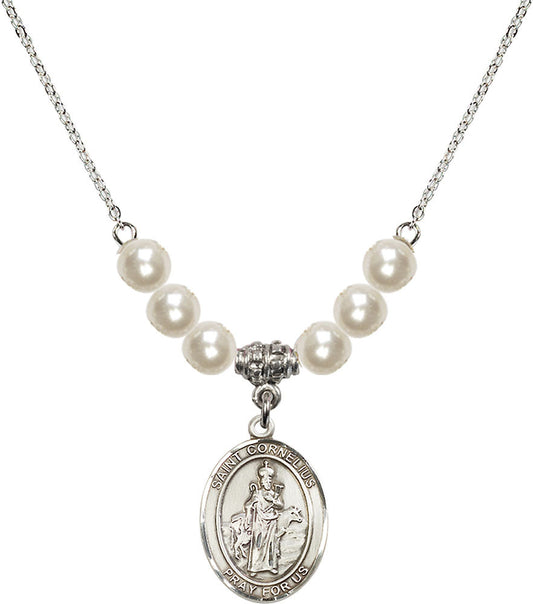 Sterling Silver Saint Cornelius Birthstone Necklace with Faux-Pearl Beads - 8325