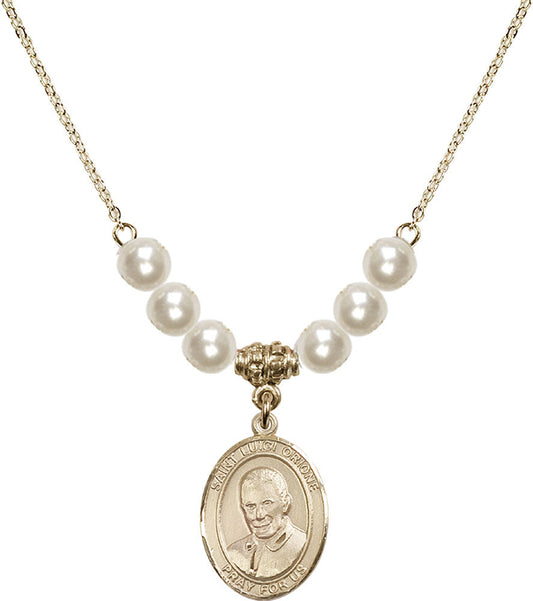 14kt Gold Filled Saint Luigi Orione Birthstone Necklace with Faux-Pearl Beads - 8326